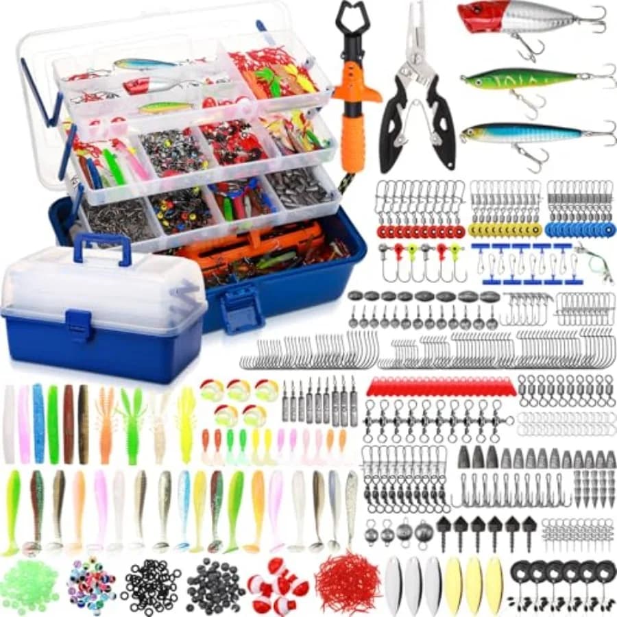 4 Layer Large Fishing Tool Box from 756 pieces with bait kit, pliers, fish pliers, hooks, weights, poplars, crankbait and accessories included