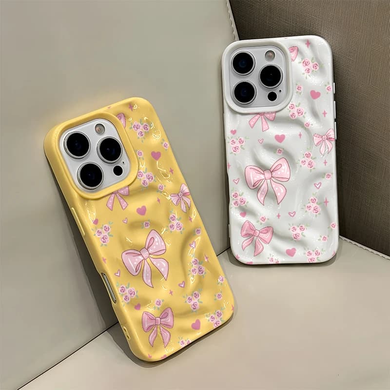 Custodia per iPhone 17 Pro Max 17 Air 16 15 14 13 12 11 Pro Max Plus, con motivo floreale a fiocco rosa, texture rugosa, morbida