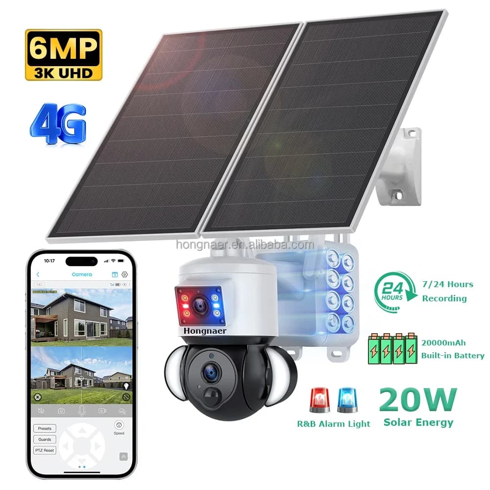 Telecamera di Sicurezza PTZ Wireless 4G Solare Hongnaer 2026 6MP AOV 20W con Doppia Lente Ubox per Esterni e Scheda SIM 4G