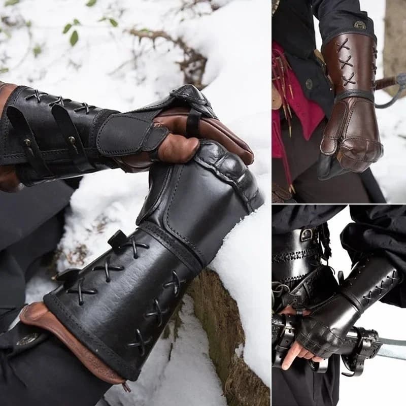 Guanti da moto armatura medievale polsini larghi bracciali uomo Steampunk Warrior Gauntlet rinascimentale cavalieri templari lacci in pelle