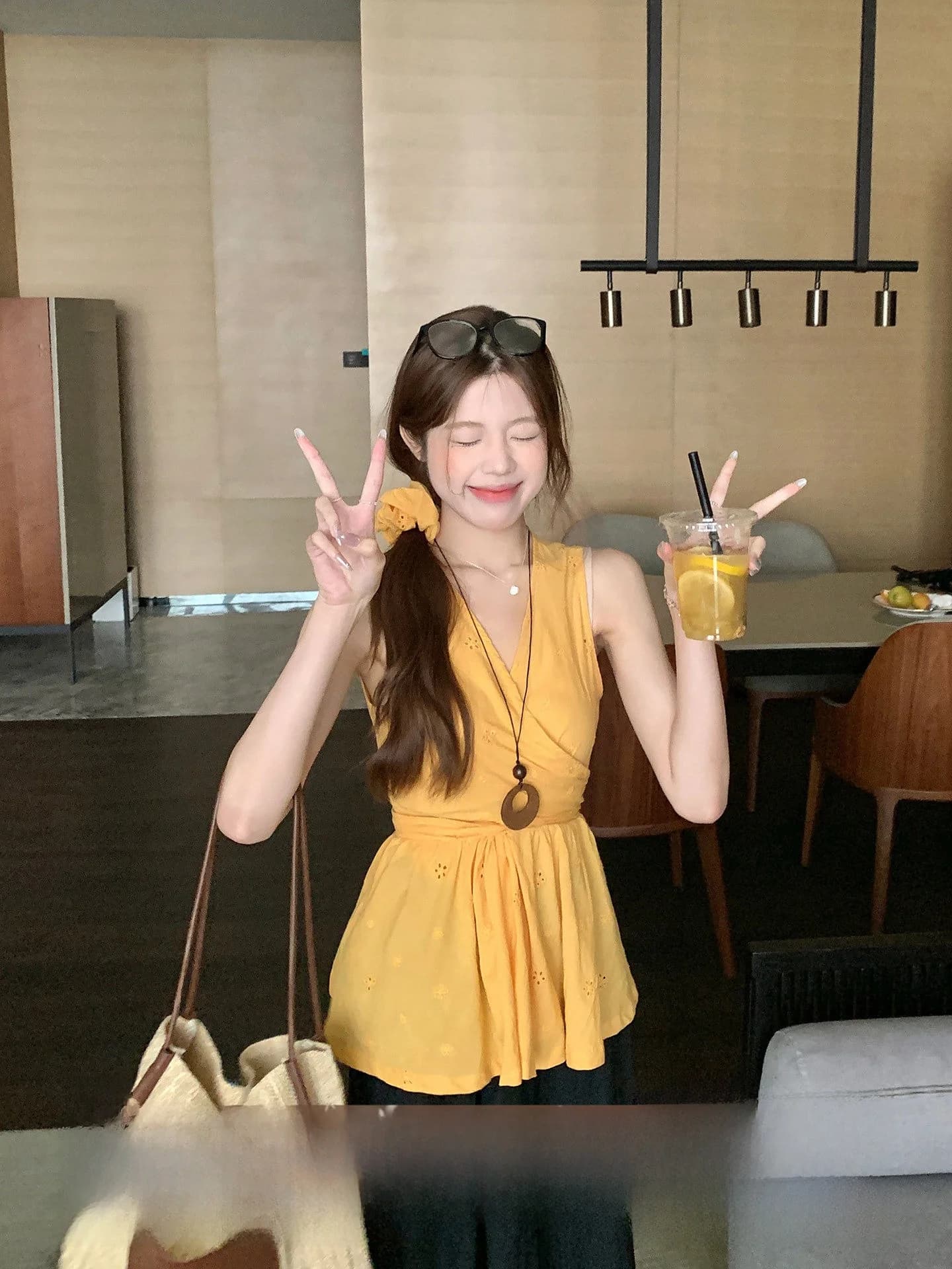 Dopamine Yellow V-neck Vest Women's Korean Style Versatile Embroidered Belted Sleeveless Top Slimming Autumn Fashion