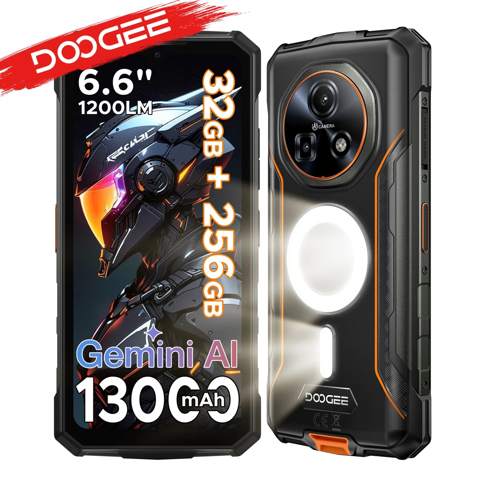 DOOGEE Fire 5 Ultra Dual, telefono robusto da campeggio con luci integrate, schermo da 6,6 pollici, batteria da 13000 mAh, 32 GB di RAM (8+24), 256 GB di ROM, Google Pay, NFC, Helio G81