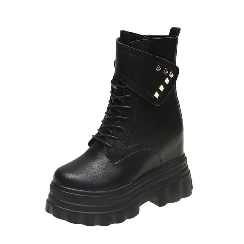 Women's PU Leather Ankle Boots Autumn Winter 10.5CM Heels Sneakers Round Toe Short Boots Woman Rivets Motorcycle Platform Botas