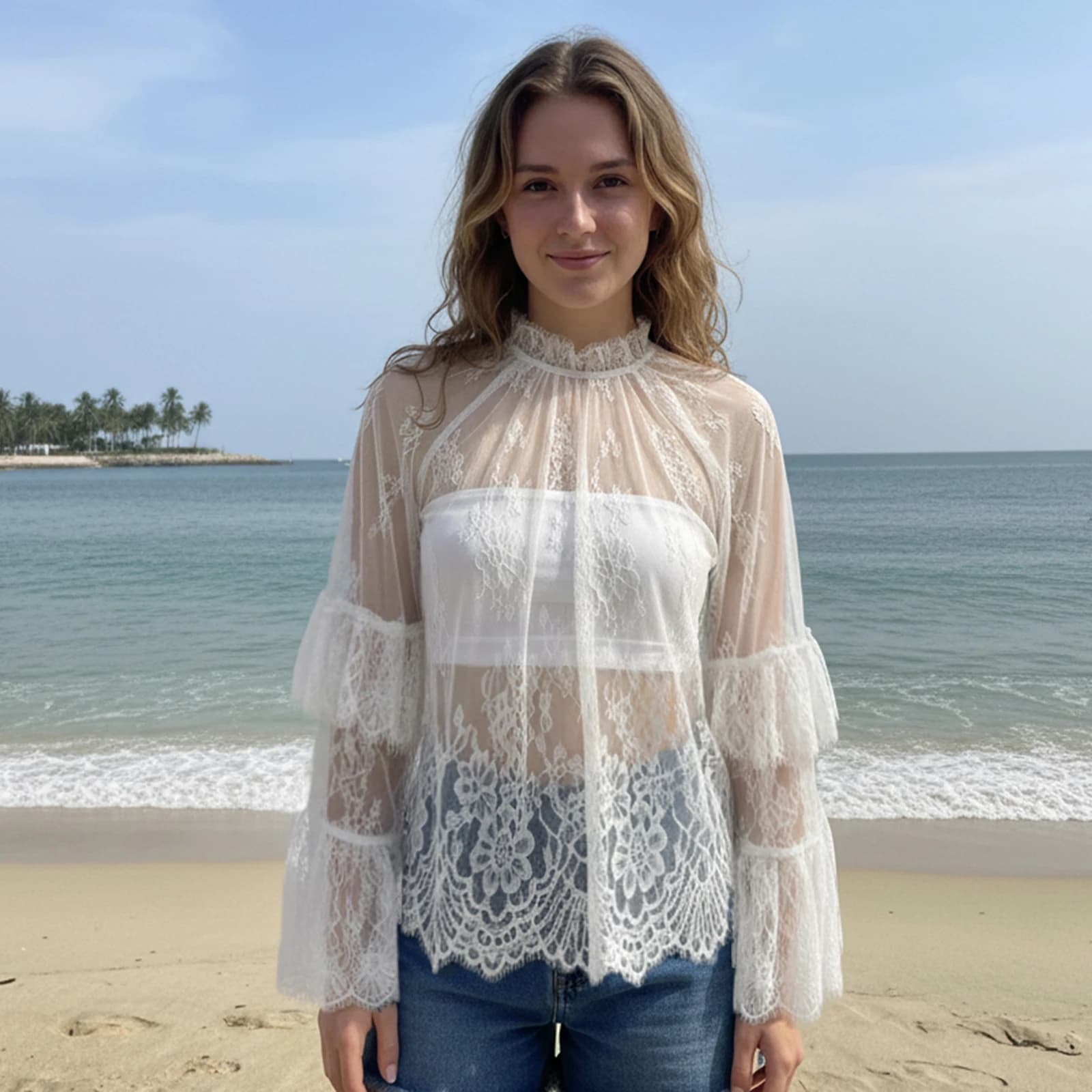 Women's Mesh Sheer Floral Lace Tops Mock Neck Flare Long Sleeve Ruffle Trim Decor Y2k See Through Blouse Cover-ups