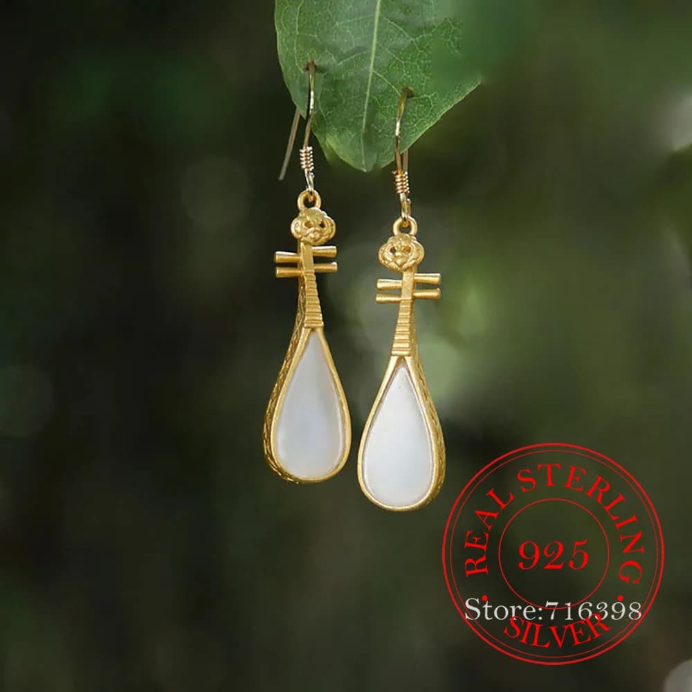 Orecchini pendenti lunghi in argento sterling 925 con giada naturale a forma di lira, gioielli da donna per matrimoni e feste, regalo per amiche e ragazze