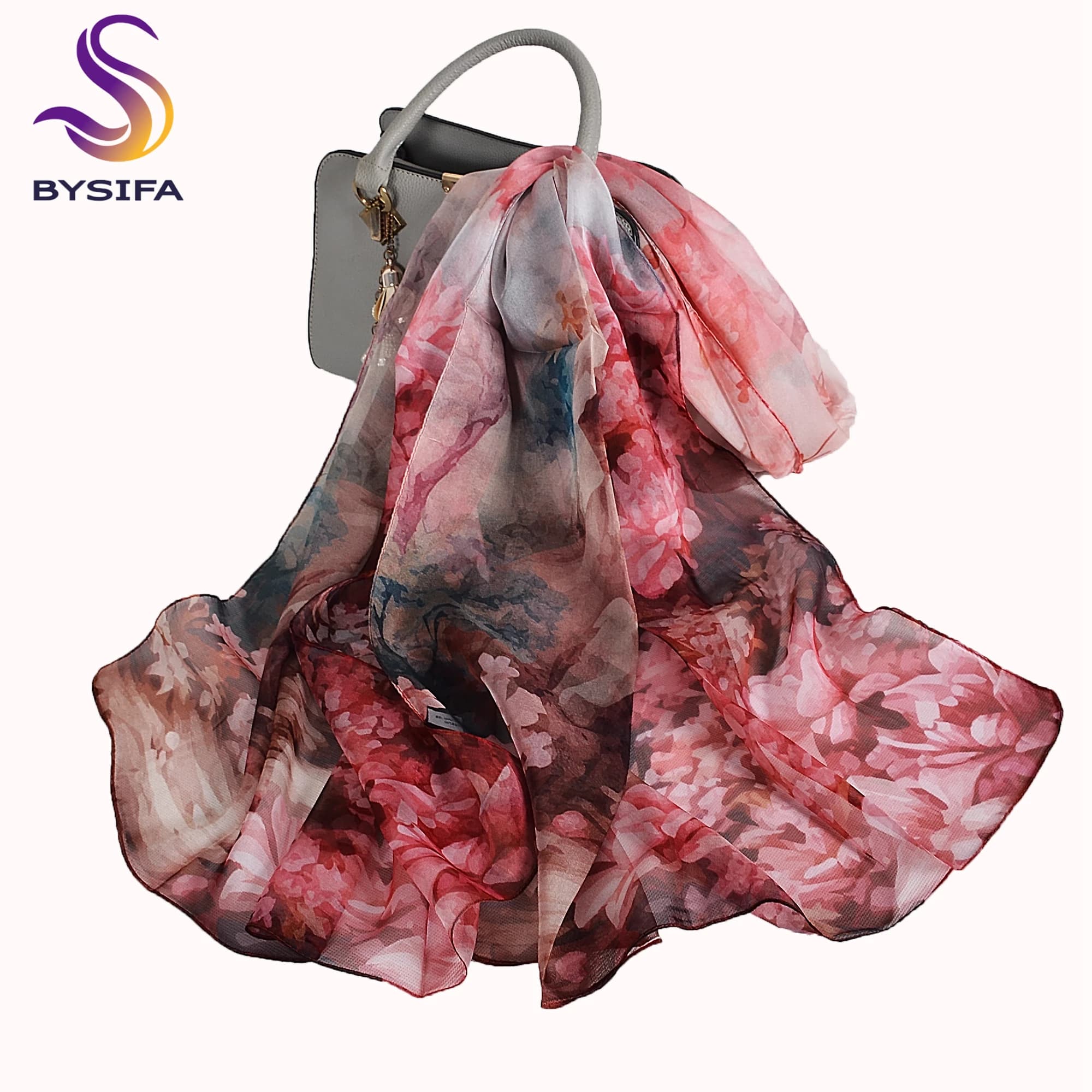 [BYSIFA] Sciarpa da donna in chiffon di pura seta Fiore di ciliegio Design floreale Sciarpa lunga in scialle di seta 100% Sciarpe di seta rosa viola Echarpes