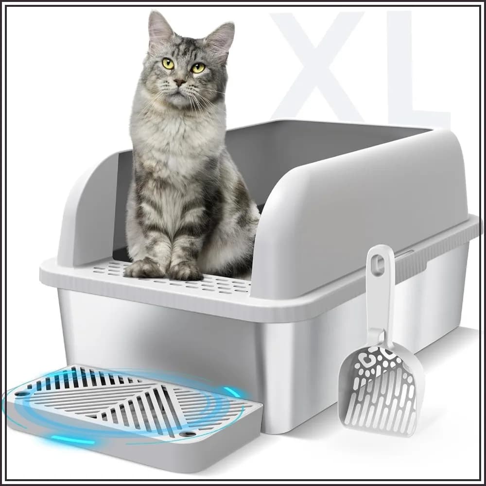 Extra Large Stainless Steel Litter Box with Lid, High Sides Enclosed Cat Litter Box for Big Cats & High Peeing, Anti-Leak & Odor Control Metal Litter Pan, Easy Clean Non-Stick Kitty Litter Box