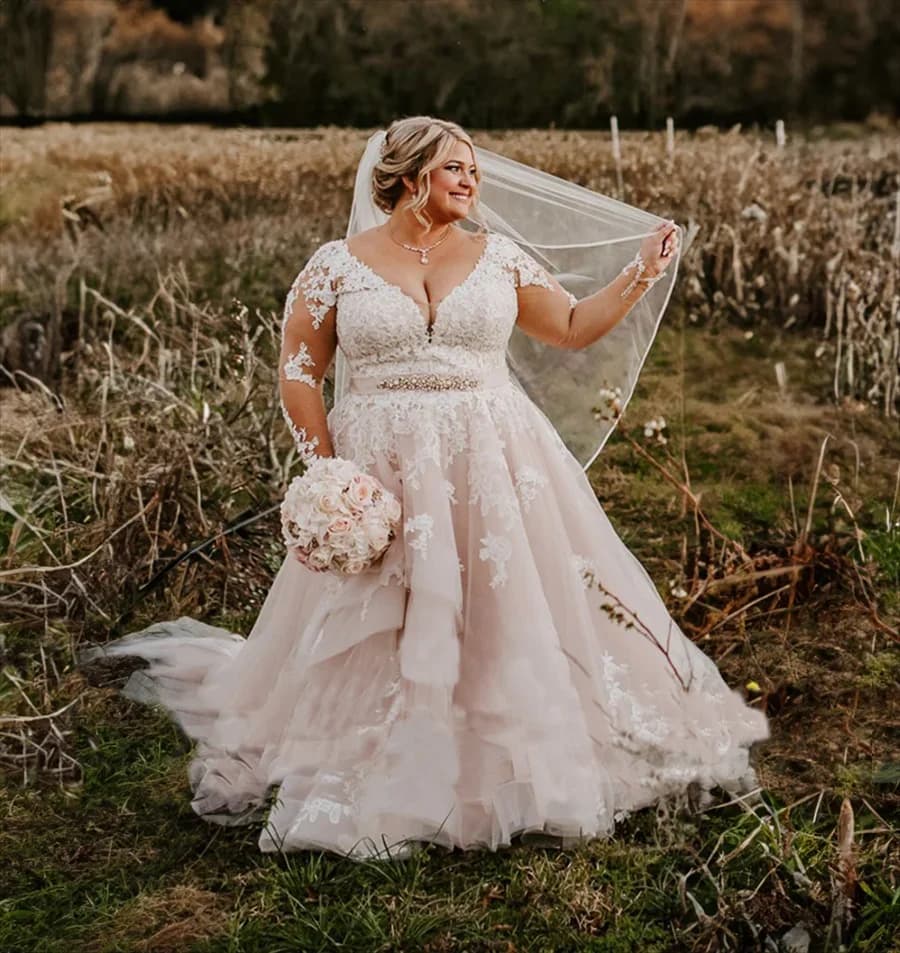 Gorgeous wedding dresses with V neckline with laces on the back long sleeve applications strong wedding dress with belt De Novia dress