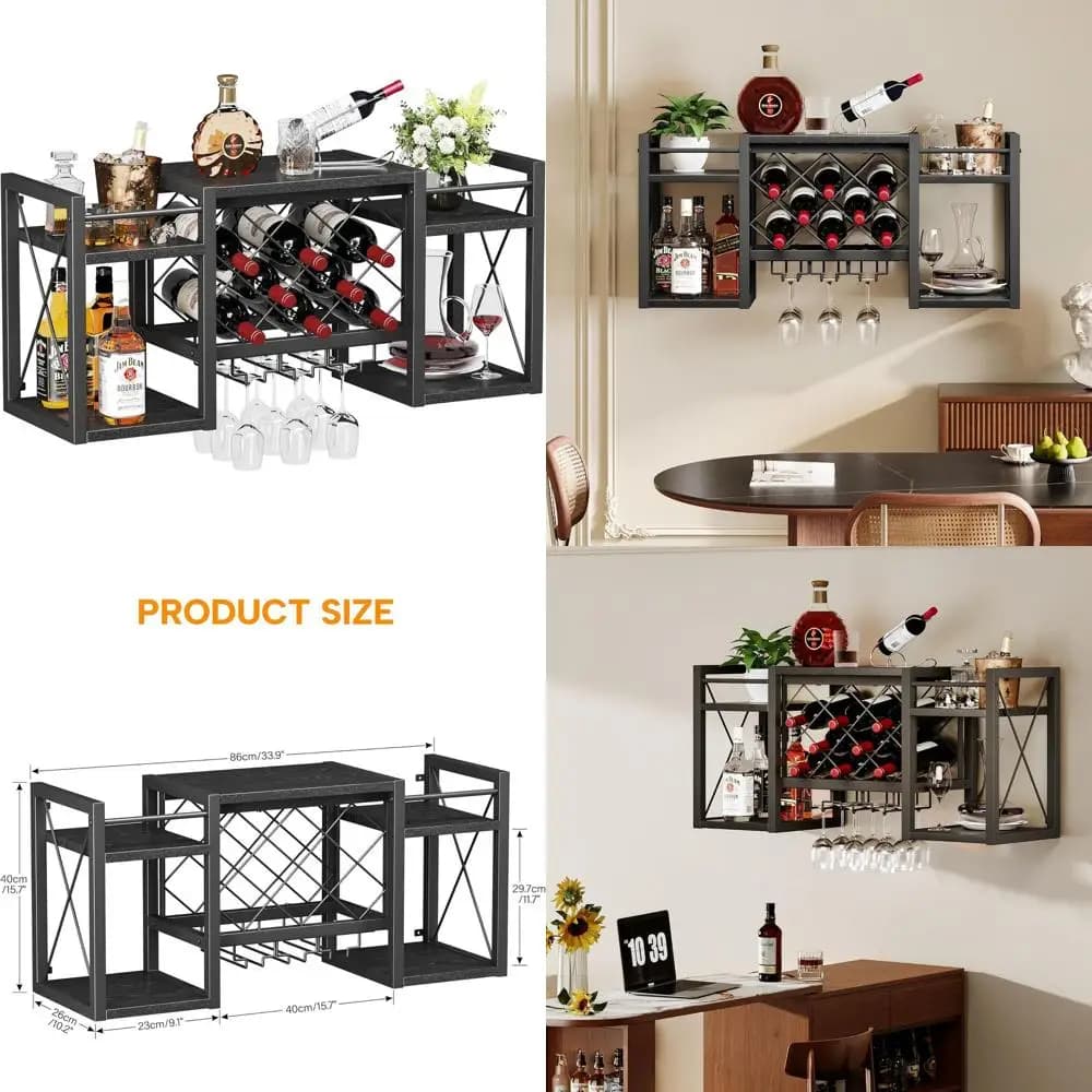 Portabottiglie da Parete Rustico con Portabicchieri, in Metallo Nero e Legno, per Cucina o Esposizione Bar Domestico