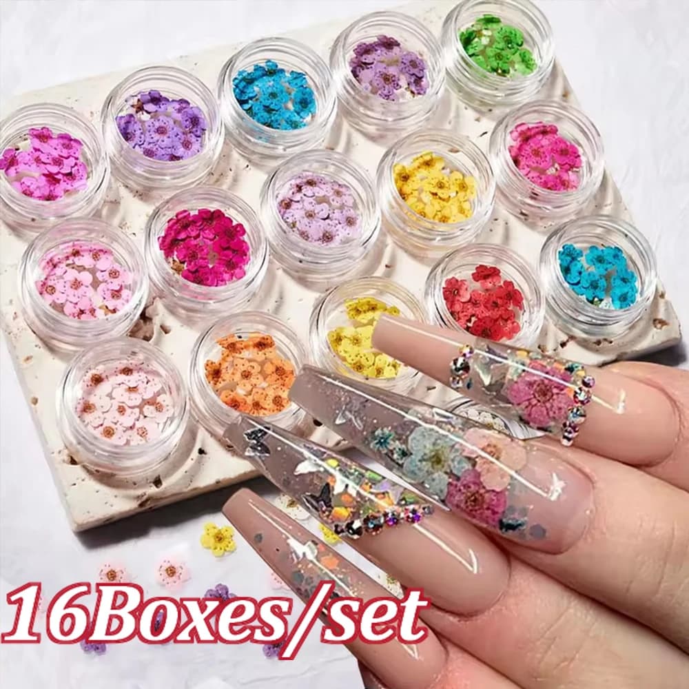 Set di 16 Pezzi Fiori Secchi Misti, Fiori di Ciliegio, Decorazioni per Unghie 3D, Fiori Naturali Veri, Accessori per Unghie Primavera Estate