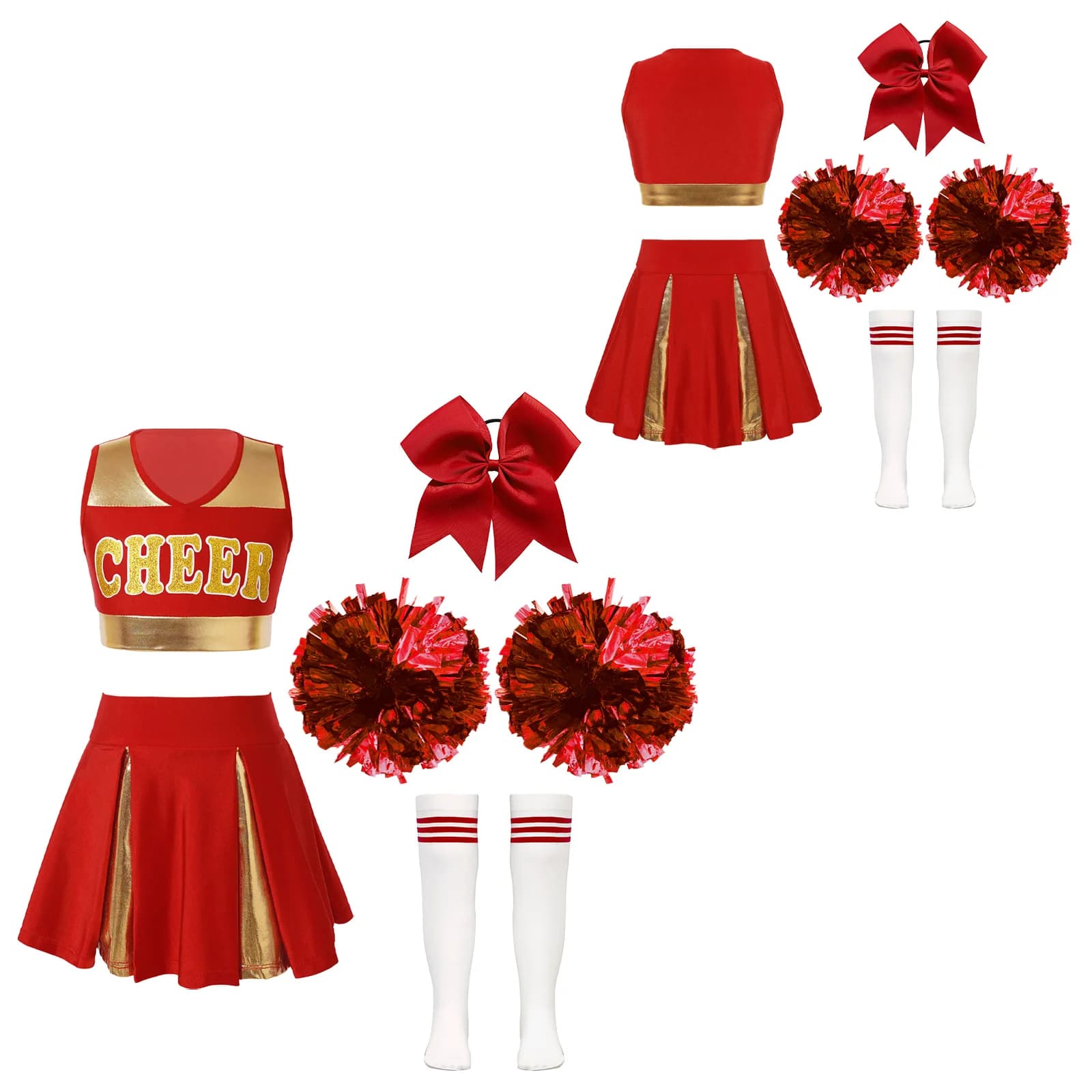 Uniformi da cheerleader per bambine, costumi da cheerleading, top corto senza maniche con stampa di lettere + gonna a pieghe, calzini a tubo a righe
