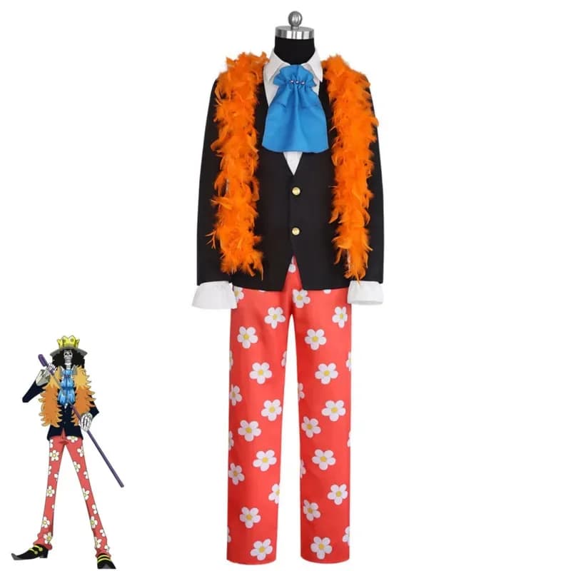 Anime Burukku Brook Cosplay Costume -Revive Fruit Evening Dress Black Coat Scarf Wig Man Adult Carnival Halloween Suitx;8's,6;