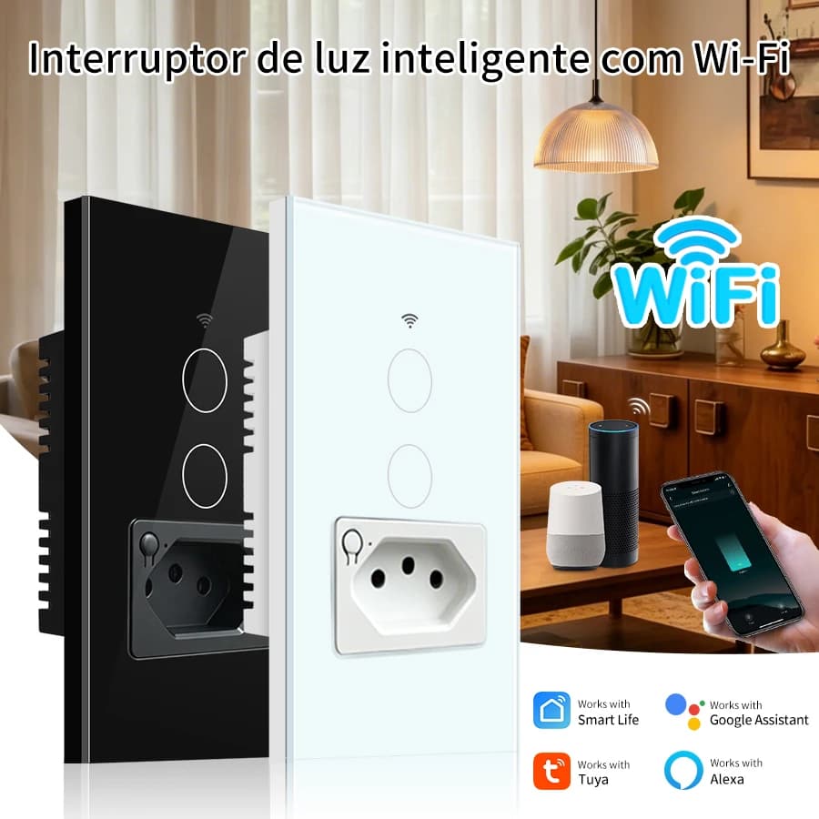 Tuya WiFi Smart Light Switch With Brazil Socket Tomada Plug Outlets 1/2gang Touch Wall Panel Switch Works With Alexa Google Home
