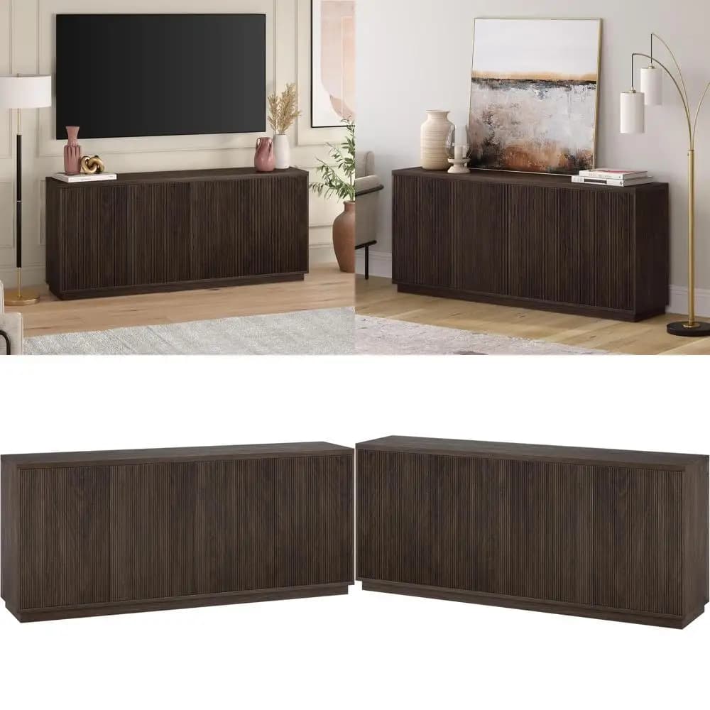 Credenza in Legno Scanalato 68 Ribbed con 4 Ante, Ripiani Regolabili, Gestione Cavi per Sale da Pranzo o Soggiorni in Marrone Ricco