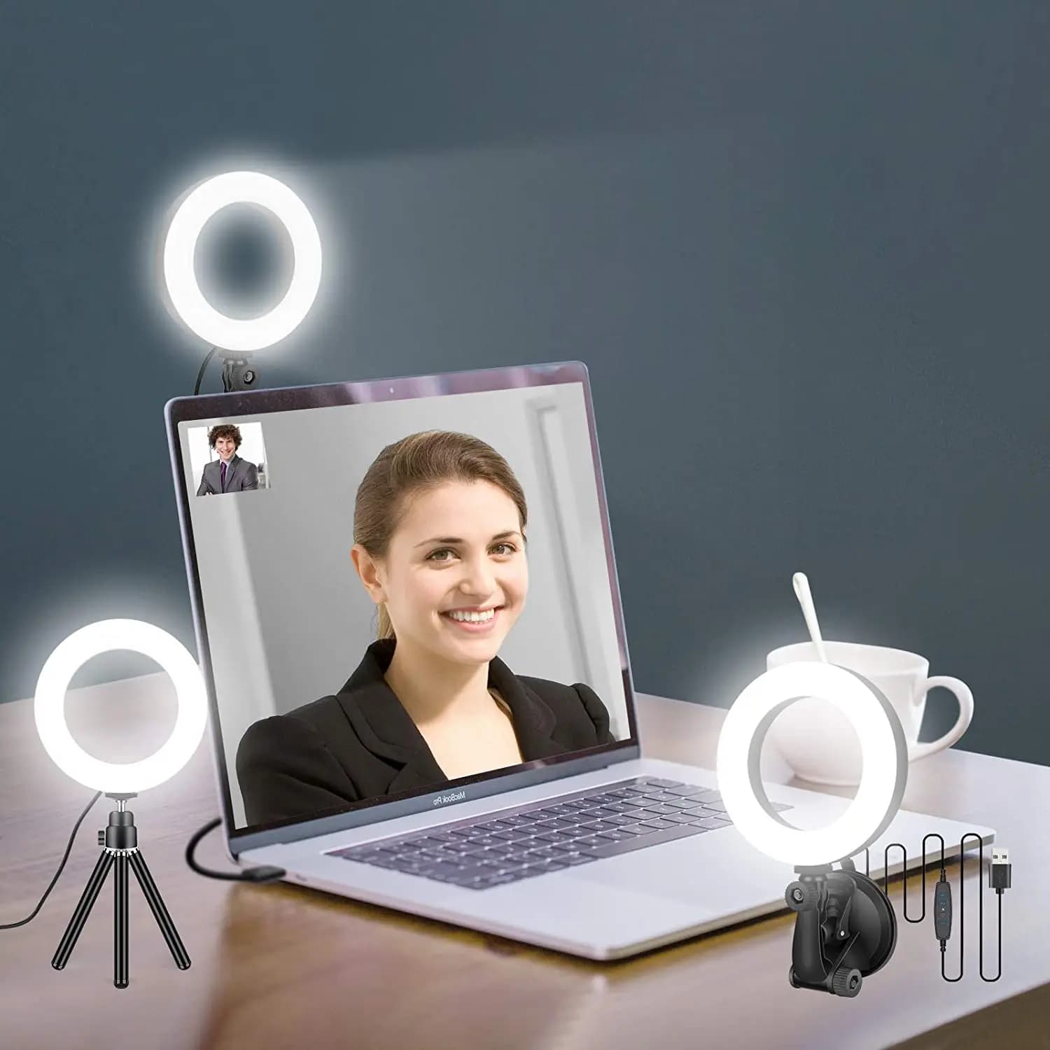 Anello luminoso da 16 cm per riunioni zoom, anello luminoso per laptop con supporto per treppiede, anello luminoso con ventosa per monitor del computer del telefono