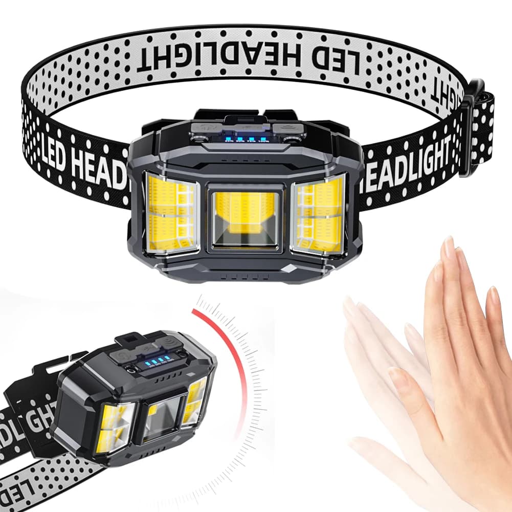 Lampada Frontale LED COB per Esterni con Sensore di Movimento, Luce Potente, Display di Potenza, Torcia da Testa per Pesca Notturna all'Aperto