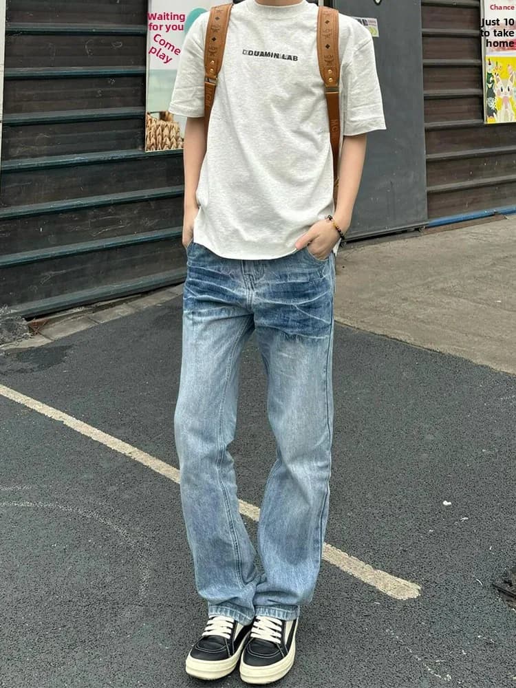 Jeans da uomo con motivo Lightning blu chiaro, pantaloni estivi American High Street Sle a gamba dritta, resistenti all'usura