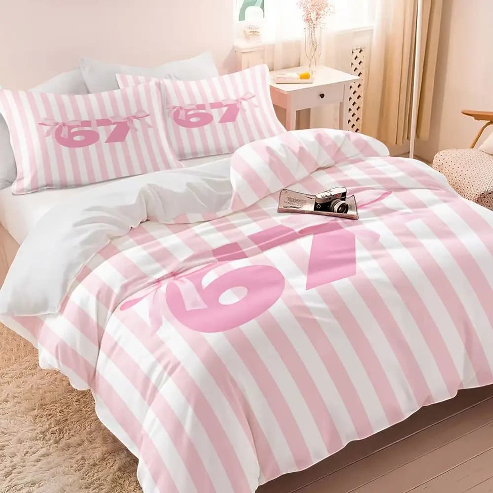 Cute Pink Bows Number 67 Print Duvet Cover Set (1 Duvet Cover & 1/2 Pillowcase) Soft Pastel Aesthetic Bedding Set for Girls Room