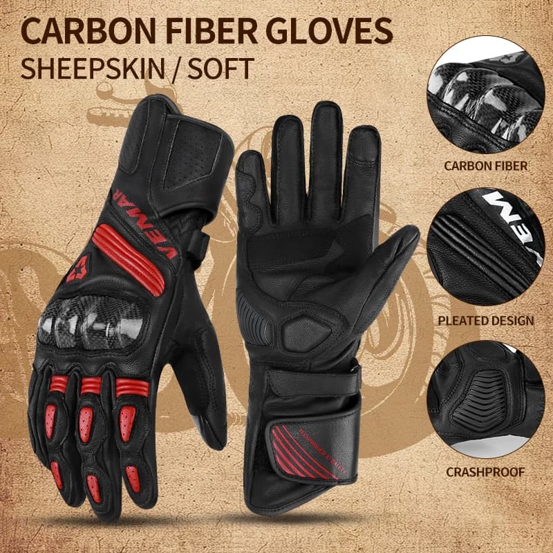 VEMAR All-Season Motorcycle Gloves for Men, Leather Construction with Carbon Protection, Breathable & Touchscreen Enabled