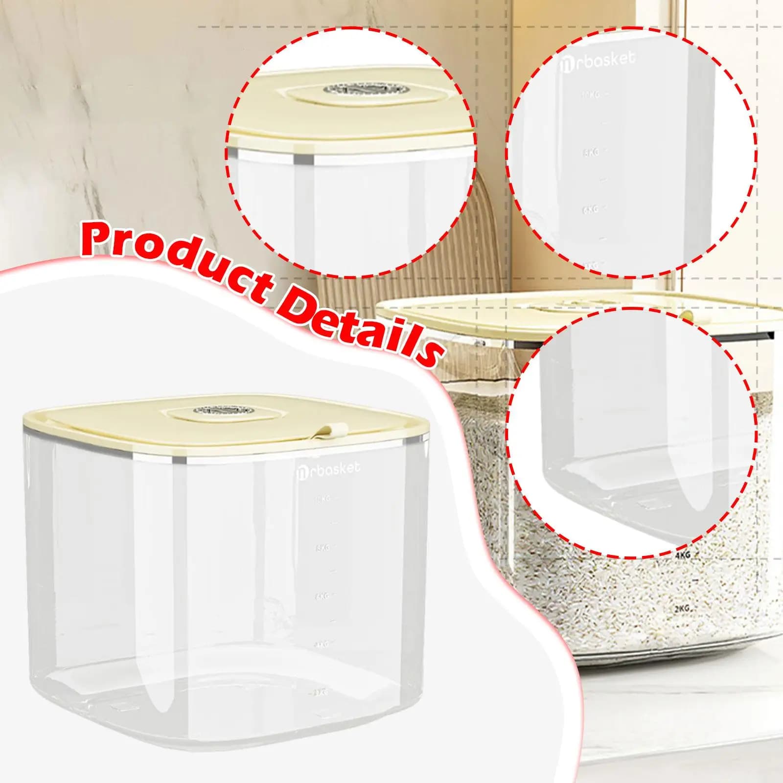 Rice Dispenser Food Grade Sealed Bin Leakproof with Measuring Cup Cereal Container Dry Food Container for Pantry Rice Beans
