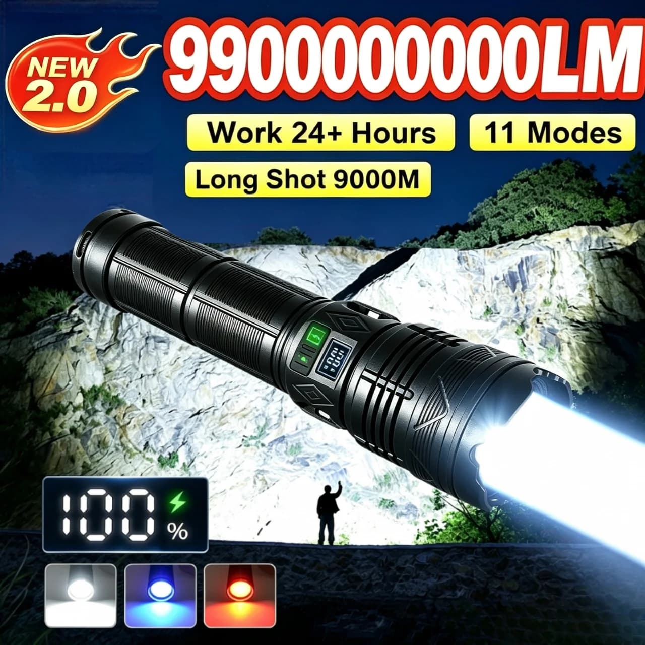 9900000000LM Ultra Powerful Flashlight Rechargeable LED Torch Super Bright Lamp Outdoor Adventure Hiking Camping With COB Light