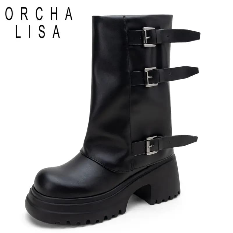 ORCHALISA Luxury Ladies Mid Calf Footwear Round Toe Thick Heel 7.5cm Raised Base Slip In Buckle Extended Sizes 43 44 45 Retro