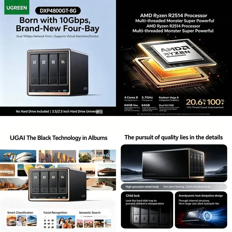 Brand For UGREEN DXP4800 GT 8G/16G 4-Bay NAS, Private Cloud Storage Server, Dual 10G Ports, AI Personal Cloud, Compatible