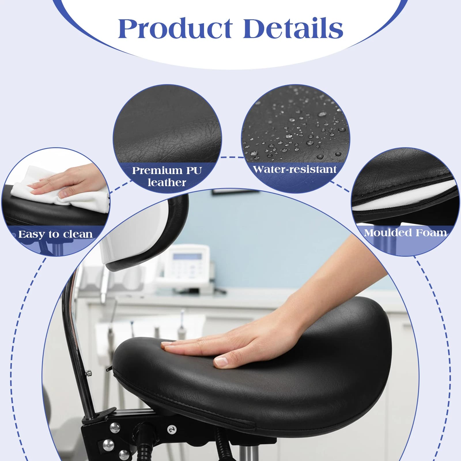 Comfortable Rolling Saddle Stool with Wheels with Back Support 16.93-21.65in Height for Home Office Salon Spa Kitchen Tattoo