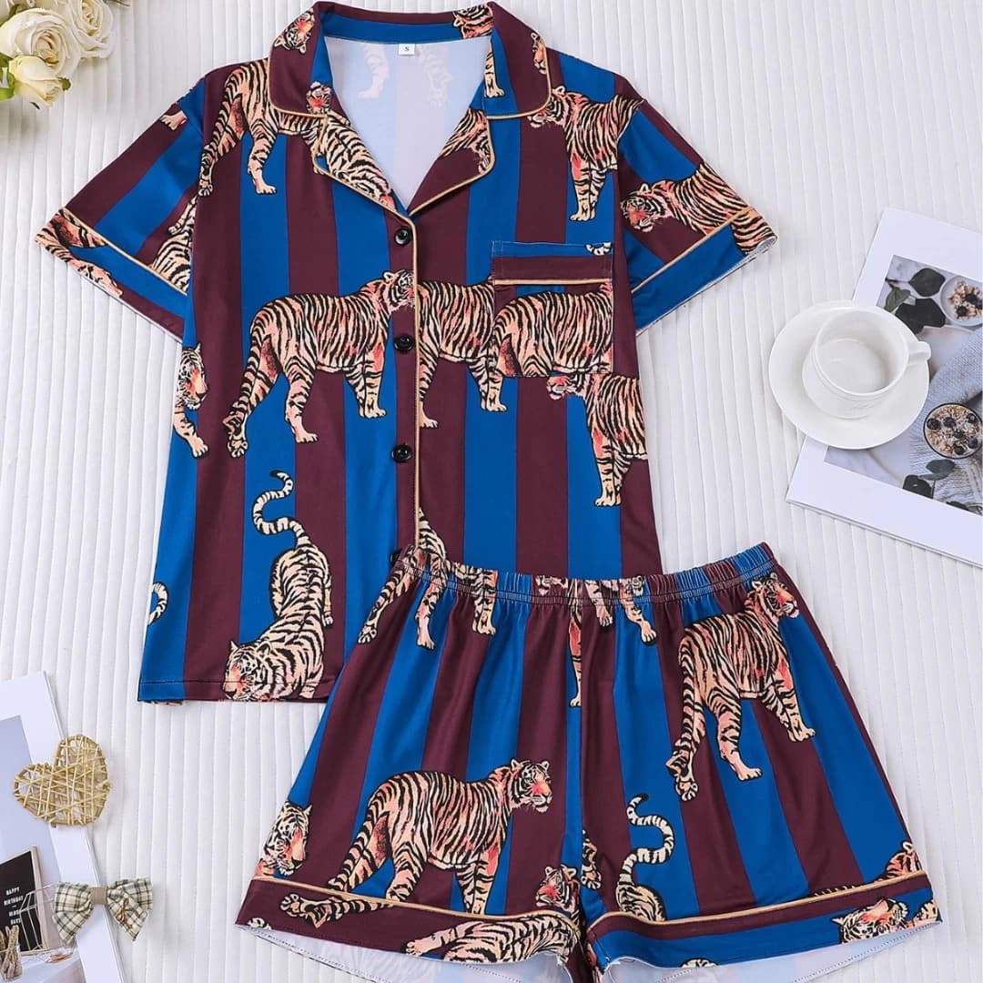 Blue Women Pajama Set Animal Themed with Blue Tiger Print Lapel Shortssleeved and Shorts Pants Home Wear Gifts