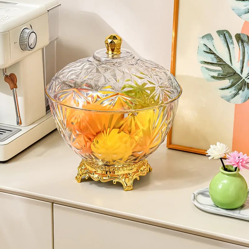 Transparent fruit plate with lid, dried fruit plate, snack plate, large capacity golden tall plastic fruit plate