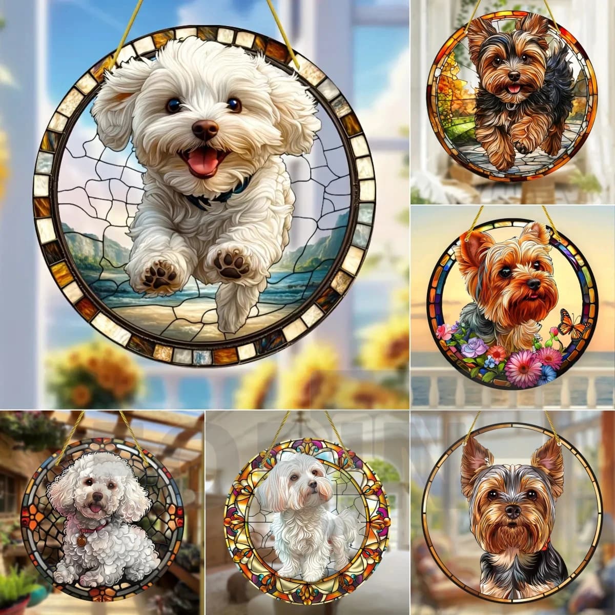 Acchiappasole per cani vivace e carini, ornamento da appendere rotondo traslucido in acrilico, regalo per gli amanti dei cani, decorazioni per la fattoria del giardino del cortile della casa
