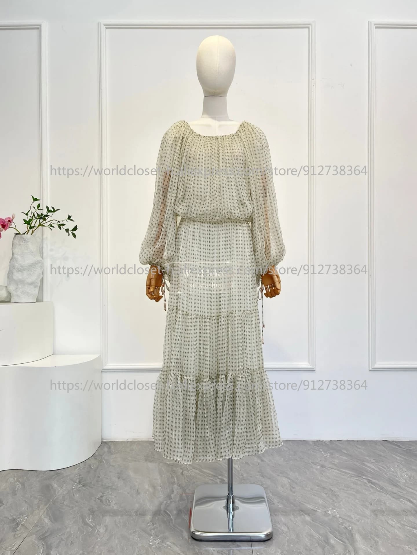 Top in long sleeve blouse with white polka dot print and longuette skirt set 2025 New design