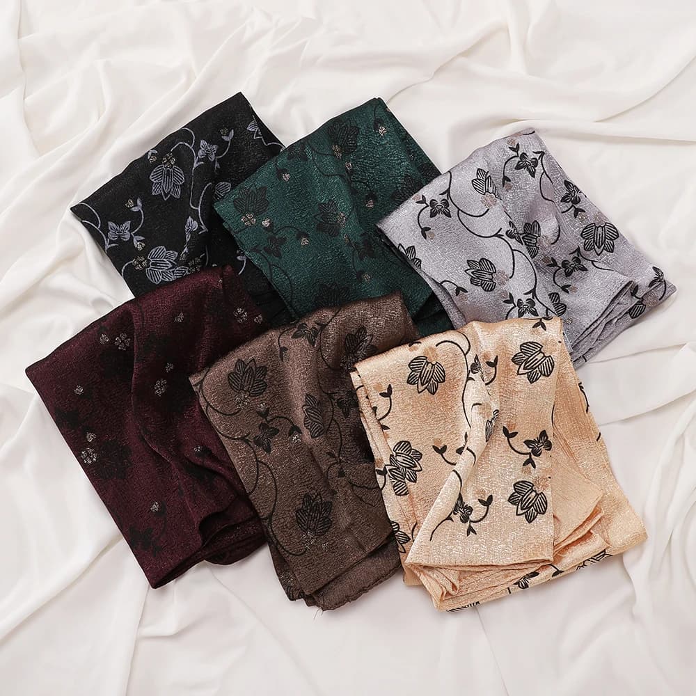 Premium Retro Leaf Flower Print Scarf Glitter Satin Hijab Breathable Silky Islamic Ladies Head Cover Scarf Elegant Shawl