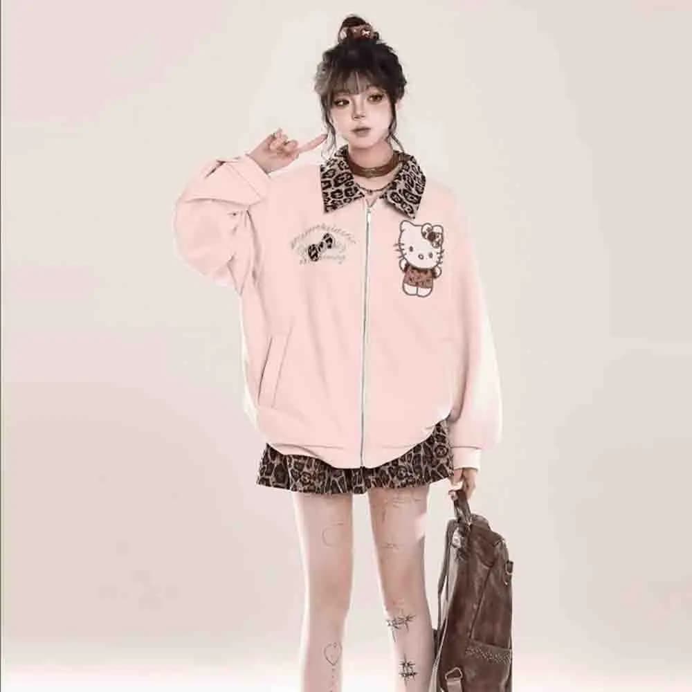Sanrio Hello Kitties Y2K Printed Jacket Collar Sportswear Women's Autumn/winter Thick Loose Sweet Fashion Embroidered Jacket