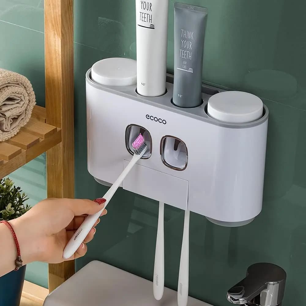 Portaspazzolini da Parete con Dispenser di Dentifricio per Bagno - Dispenser Automatico di Dentifricio a 4 Tazze, Organizzatore per Bagno