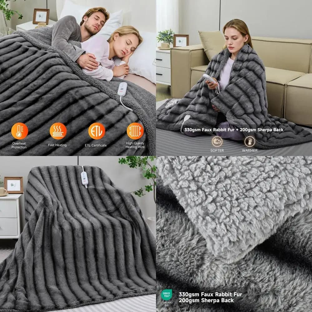 Coperta Elettrica in Finta Pelliccia Grigia 84x90, 5 Impostazioni di Calore, Spegnimento Automatico 10 Ore, Protezione da Surriscaldamento
