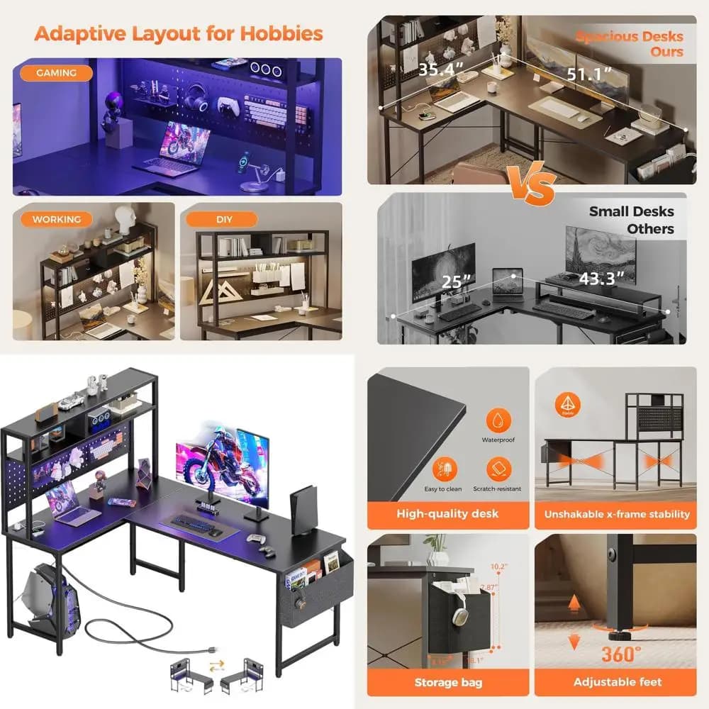 Scrivania da Gaming a L con Pannello Forato, Luce LED e Spazio di Archiviazione, Scrivania Nera da 50 Pollici per Ufficio o Camera da Letto