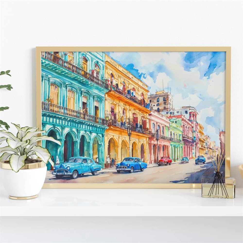 (No frame)Cuba Watercolor Poster Caribbean Travel Print Havana Street Canvas Painting Colonial Architecture Wall Art Island D