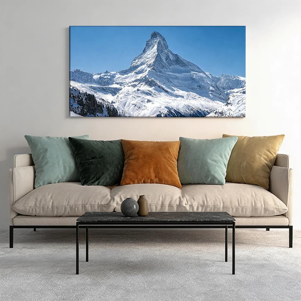 Painted on canvas with large wooden frame 1 piece Matterhorn: beautiful alpine beauty.