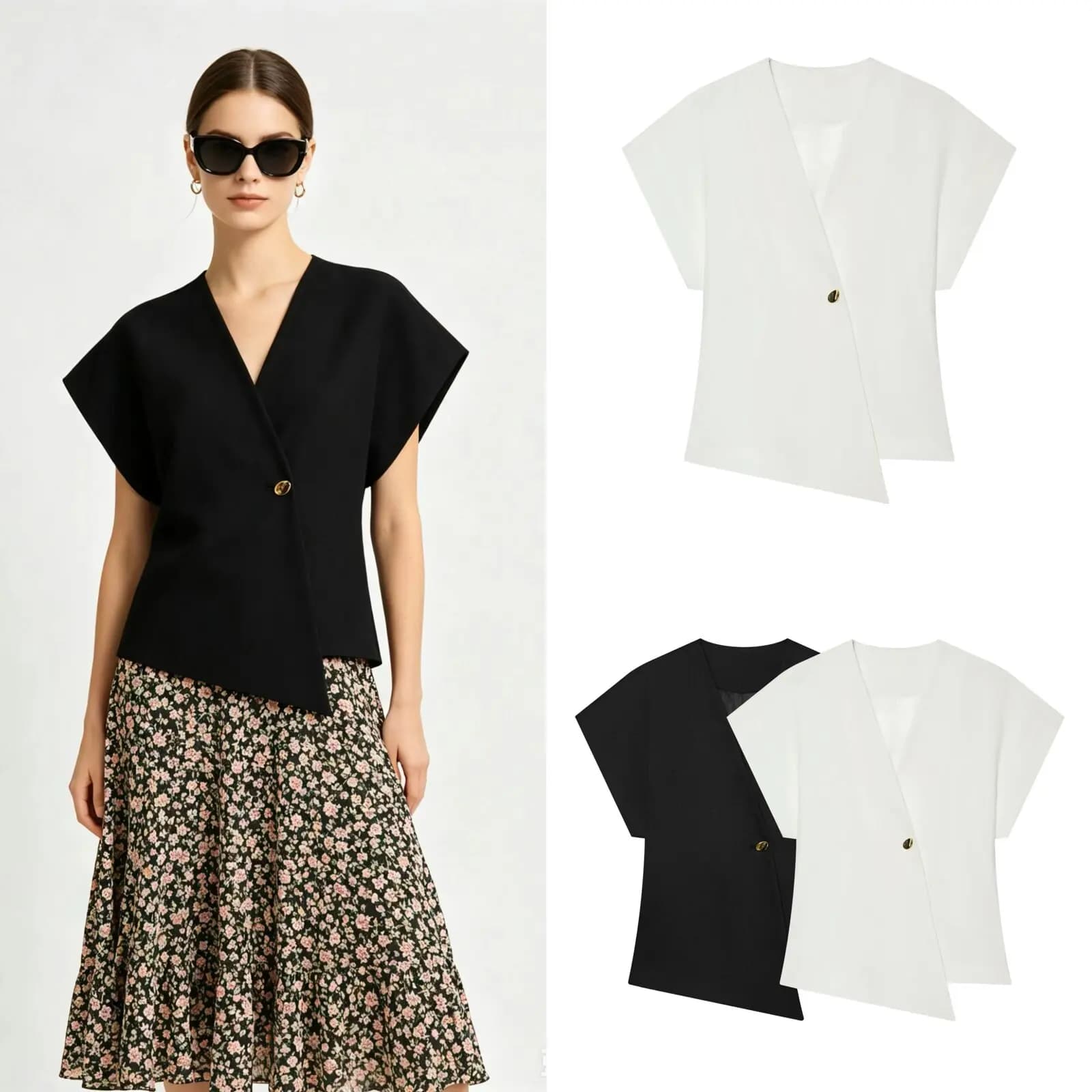 Fashionable ZR Style Women's Short Sleeve One Button Waist-Cinching Jacket Spring Summer New Arrival Polyester Fiber V-Neck