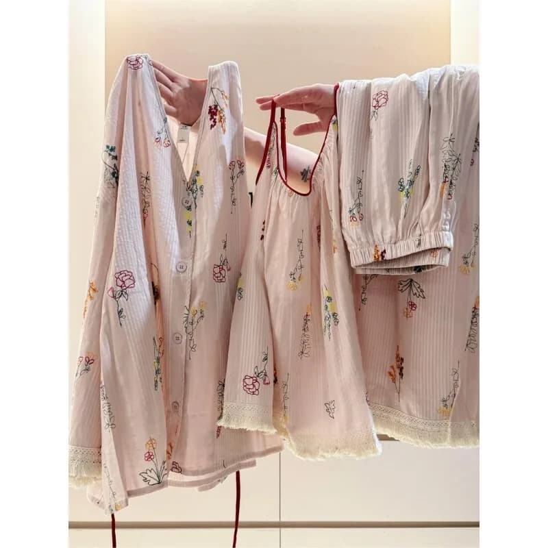 Sweet and Cute Retro V-neck Printed Halter Pajama Women's Spring and Summer New Long Pants Cardigan Home Three-piece Set Comfort