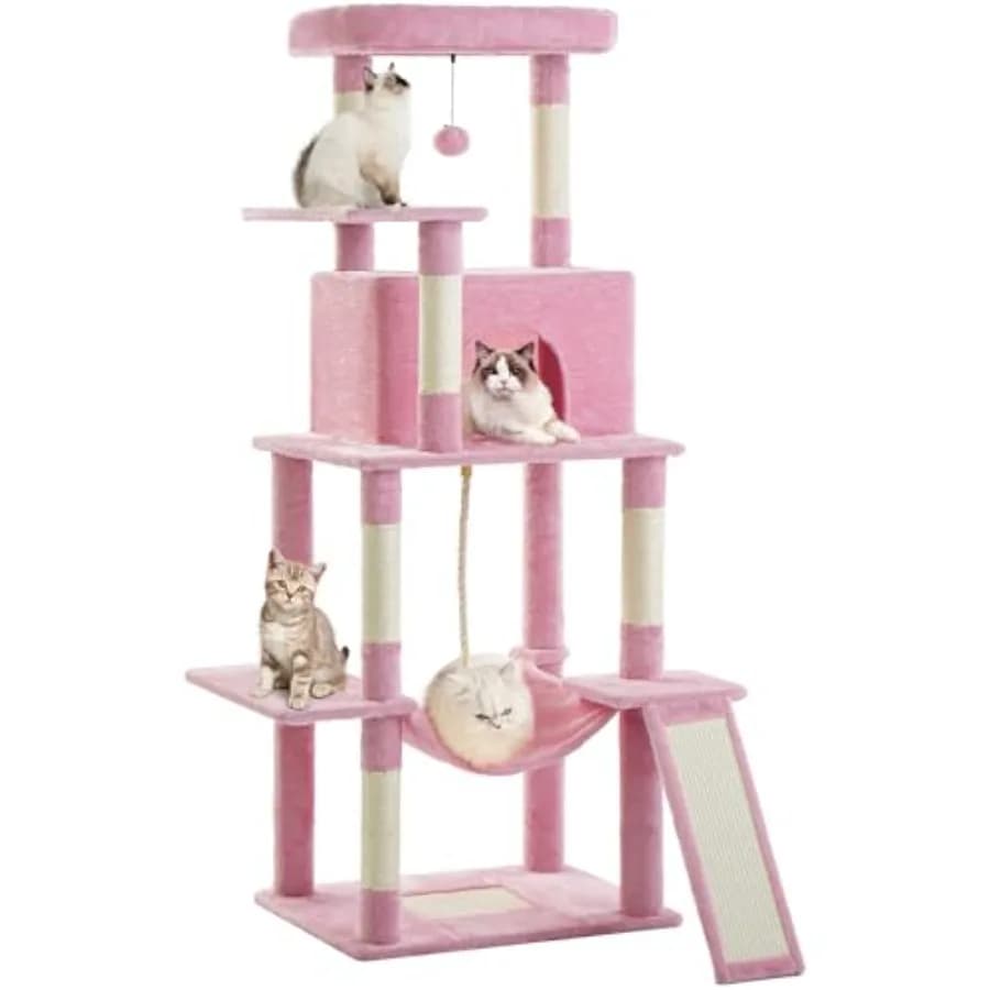 Torre per Gatti a 63 Pollici, Multi-Livello, per Gatti da Interno, con Tiragraffi in Sisal, Cuccia, Amaca, Pallina Pendente e Estensione