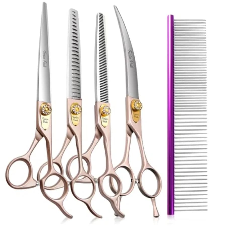 Set di Forbici Professionali per Toelettatura Cani 7.5'' in Acciaio Inox 440C Oro Rosa, Set 4 Pezzi per Servizi di Toelettatura Animali