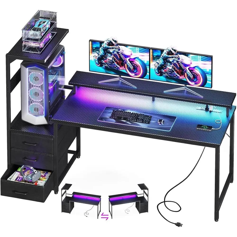 Scrivania da Gaming Reversibile 59 con Porte USB, Luci LED, 3 Strati in Tessuto, Supporto Monitor, Scrivania Ergonomica da Ufficio in Nero