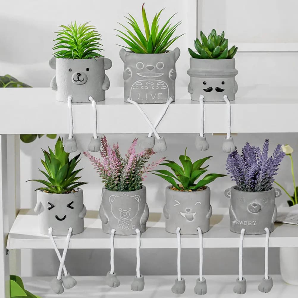 1 Pezzo Ornamento Realistico di Pianta Verde con Gambe Pendenti, Bonsai Artificiale Premium in Cemento e Plastica per Soggiorno, Ufficio, Scrivania