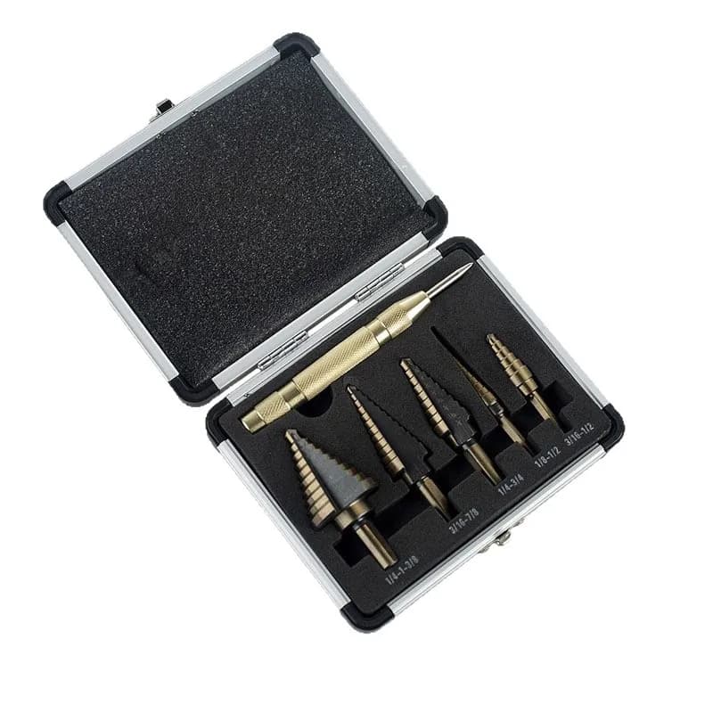 Set di 6 punte a gradino HSS Imperial con custodia in alluminio, punte a pagoda con codolo esagonale per foratura di metallo, legno e plastica