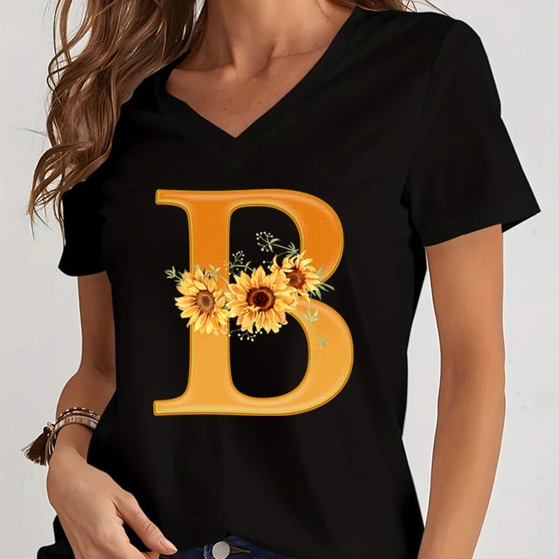 Camicie grafiche con scollo a v da donna arancione A-Z Alphabet girasoli maniche corte Harajuku Fashion Girl Casual Y2k Trend magliette Top