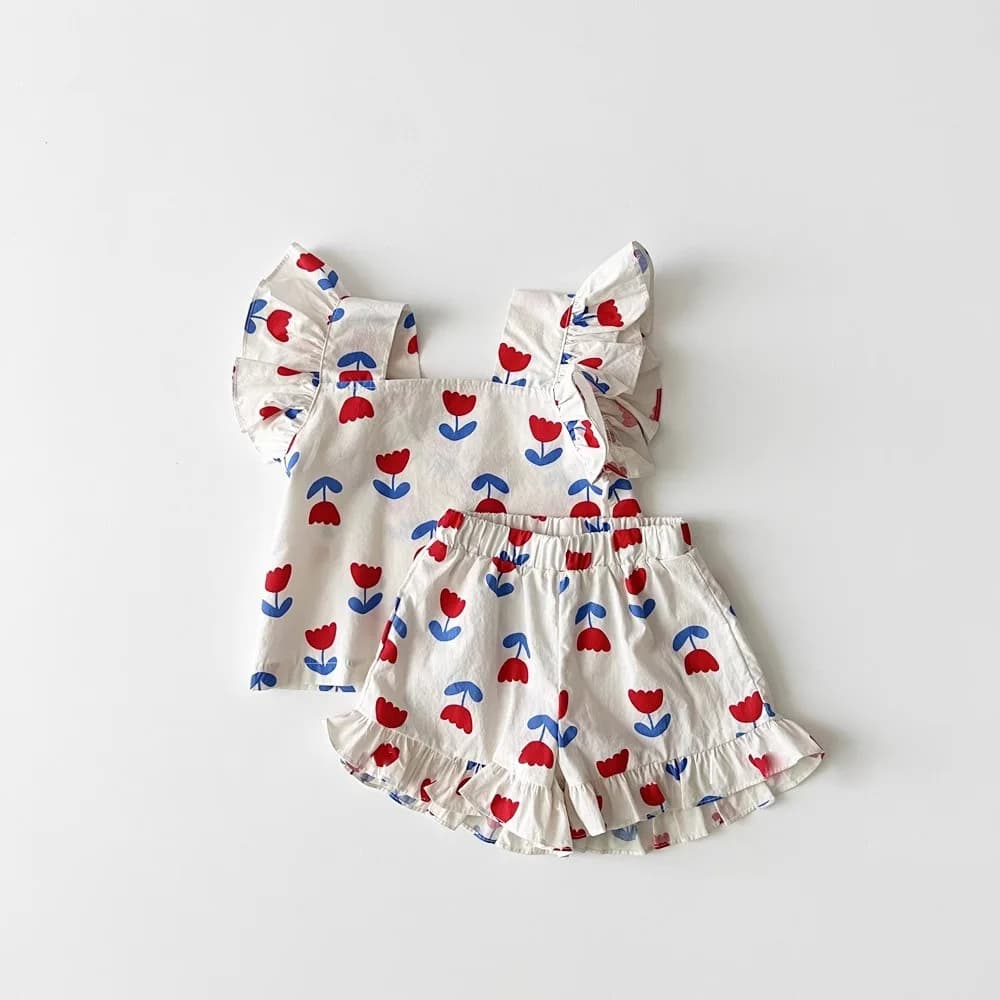 2025 Estate Nuova neonata Cute Flower Print Vestiti Set Infantile Girl Sling Fly Sleeve Top + Pantaloncini 2 pezzi Vestito Abiti da bambino
