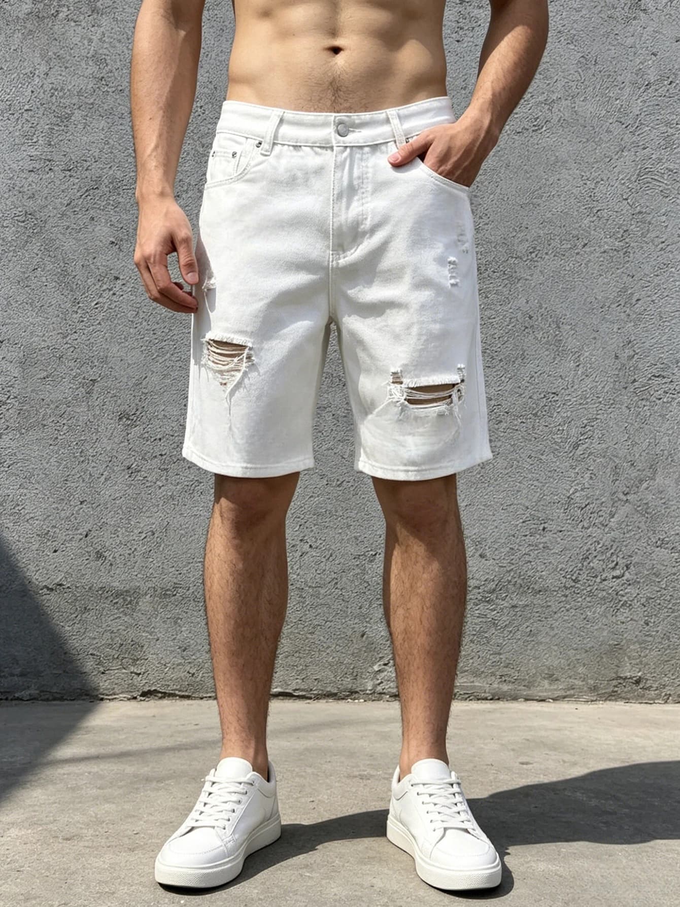 Pantaloncini in denim da uomo, casual, bianchi, strappati, a gamba dritta
