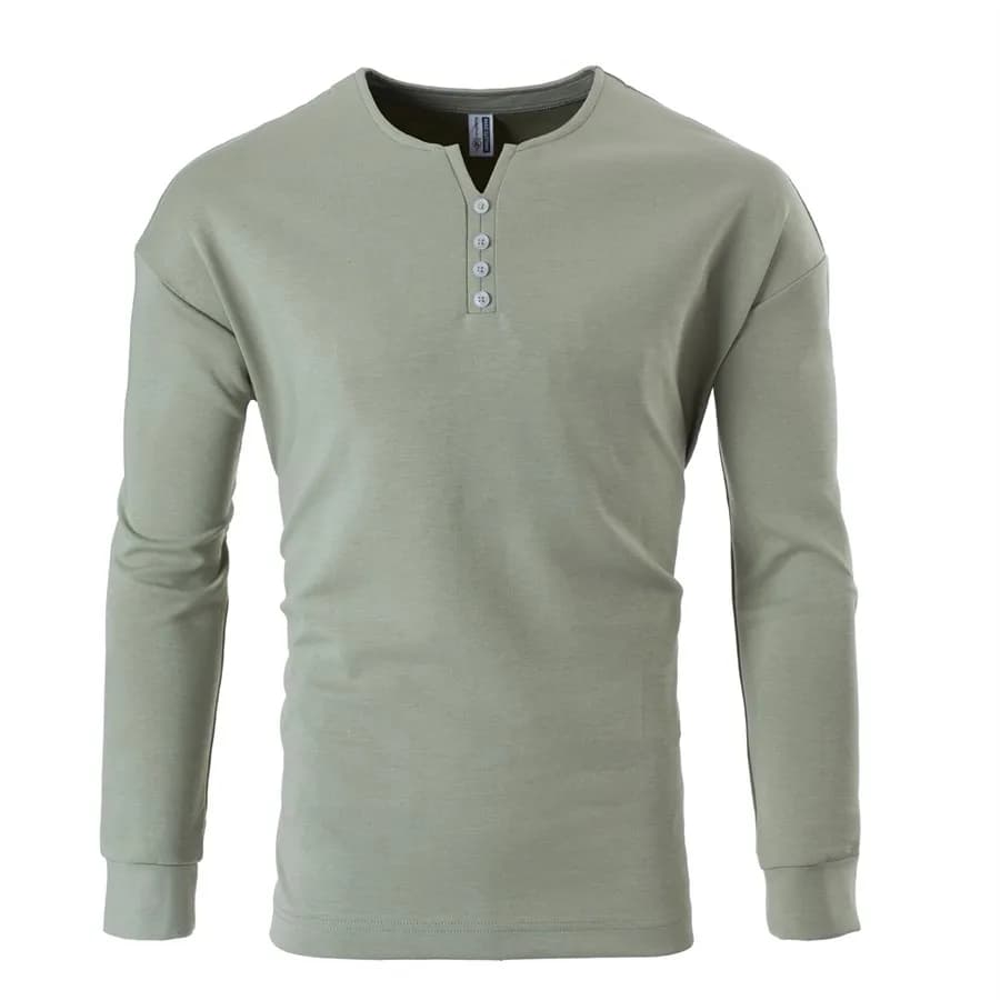 T-shirt da uomo con scollo a V, a maniche lunghe, con bottoni, abbigliamento da golf di design, 65% cotone, tinta unita, maglietta casual da uomo, top